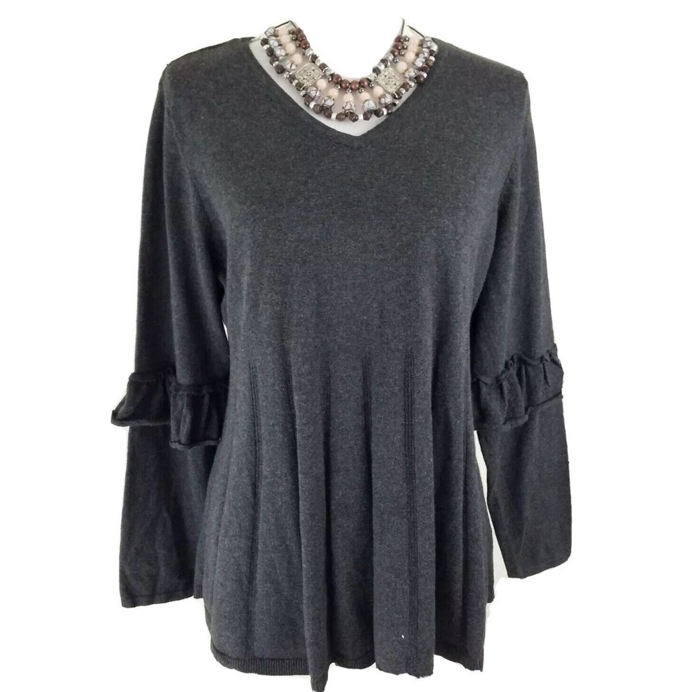 Style & Co Woman~Plus Sz 1X~Dark Gray Ruffled-Sleeve Pullover Stretch NWT$56.50